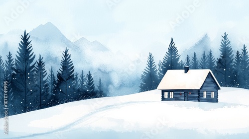 Watercolor Winter Cabin in the Mountains.