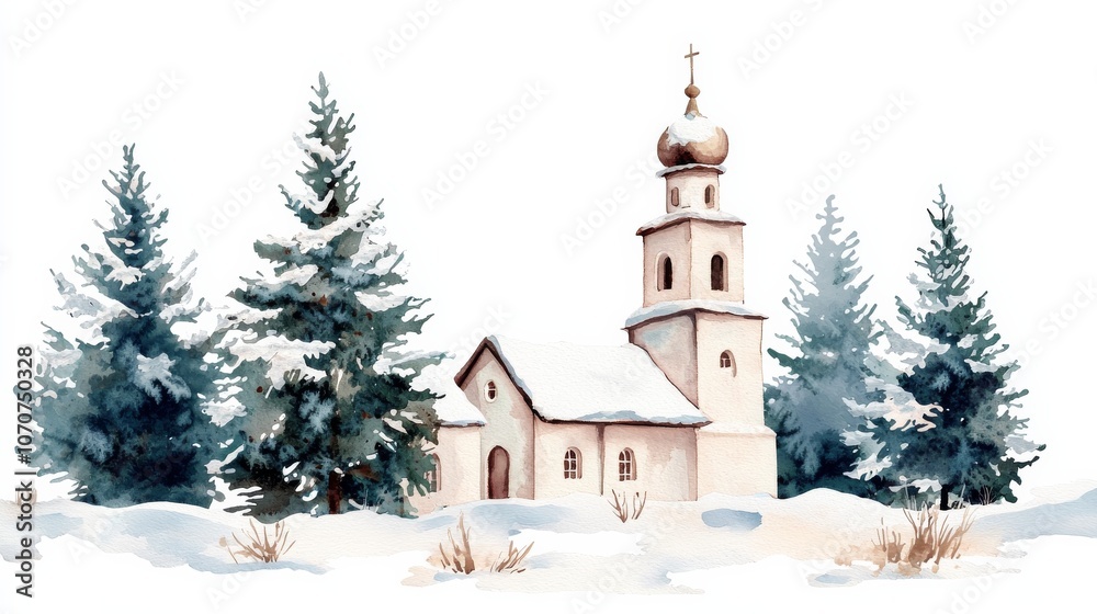Fototapeta premium Watercolor Church in a Snowy Forest.