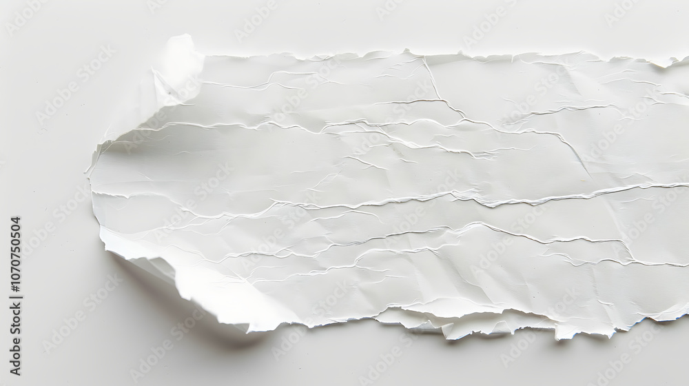A piece of white paper with a clean tear, isolated on a white background, showcasing the jagged edge and texture, symbolizing the simplicity and fragility of paper in its purest form A piece of white paper with a clean tear, isolated on a white background, showcasing the jagged edge and texture, symbolizing the simplicity and fragility of paper in its purest form