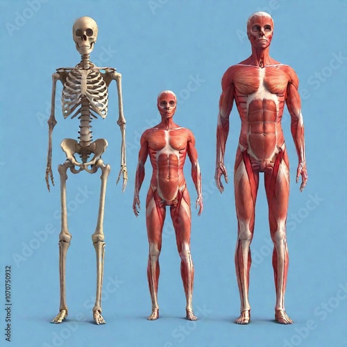 A high-resolution digital artwork illustrating detailed human anatomy, consisting of four distinct figures. The first figure is a full skeletal system depicted with exquisite detail in bone structure 