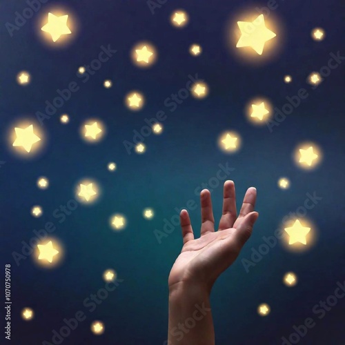 A high-resolution digital artwork features a close-up of a hand reaching upward, dramatically illuminated from below. In the foreground, the hand softly glows while extending towards a series of ascen photo