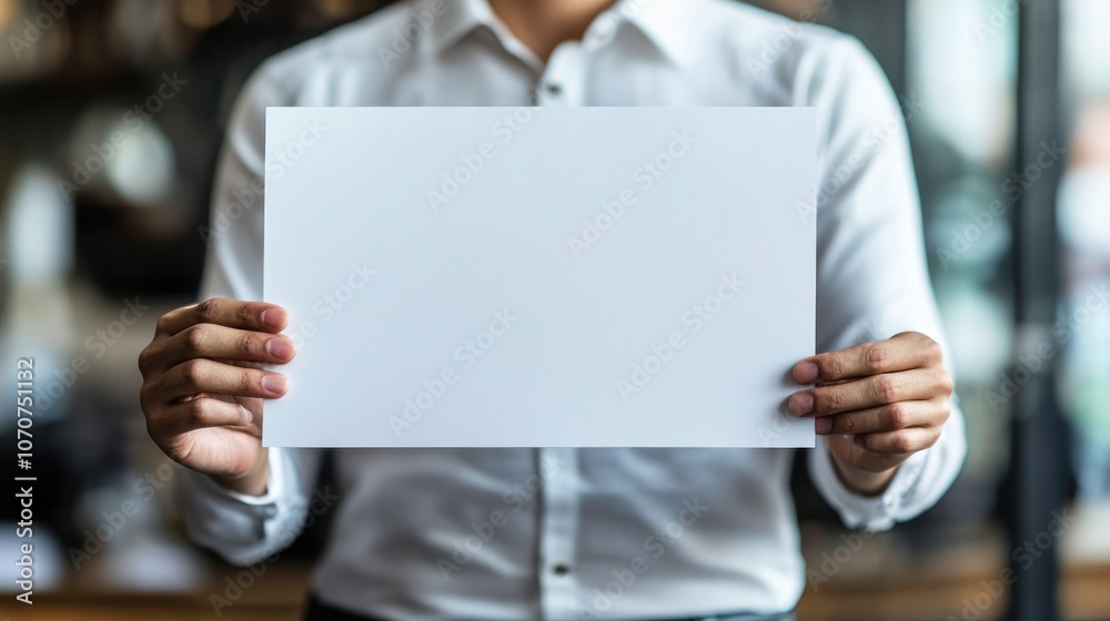 Person holding a blank white paper in a modern office Person holding a blank white paper in a modern office