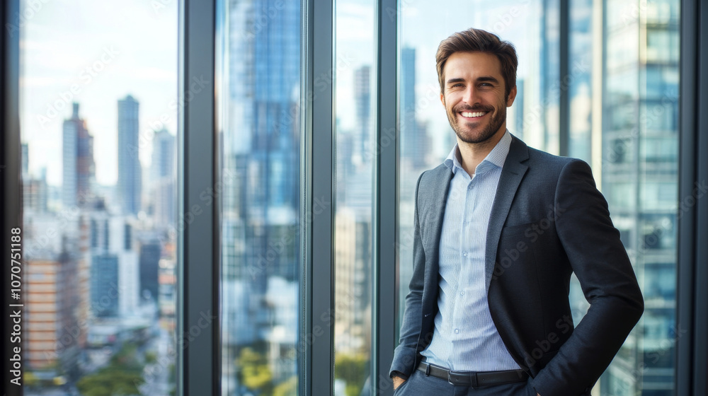 Cheerful businessman standing by a large window with a view of the city skyline, smiling as he plans new business ventures