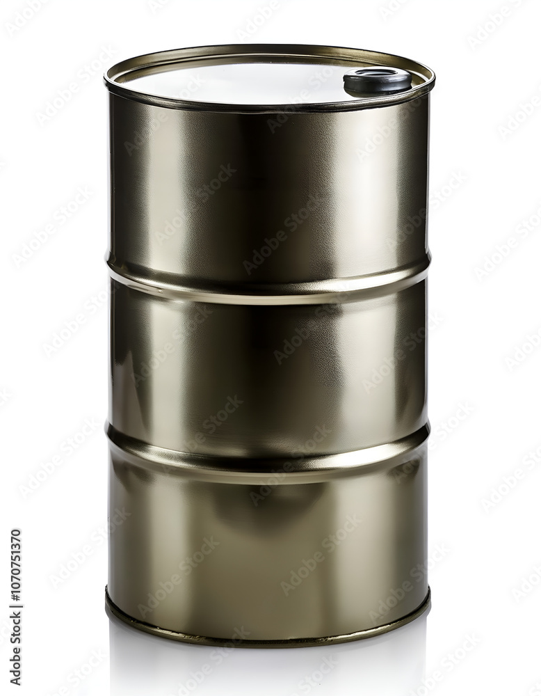 A shiny metal barrel stands upright on a white background, symbolizing storage, transportation, and industrial use. The metallic appearance adds a modern and clean aesthetic. A shiny metal barrel stands upright on a white background, symbolizing storage, transportation, and industrial use. The metallic appearance adds a modern and clean aesthetic.