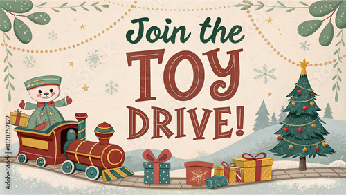Colorful illustration promoting a toy drive with a train, gifts, and a Christmas tree