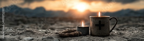 Candlelit serenity, warm drink and glowing candle on a rocky beach embracing tranquil coastal atmosphere