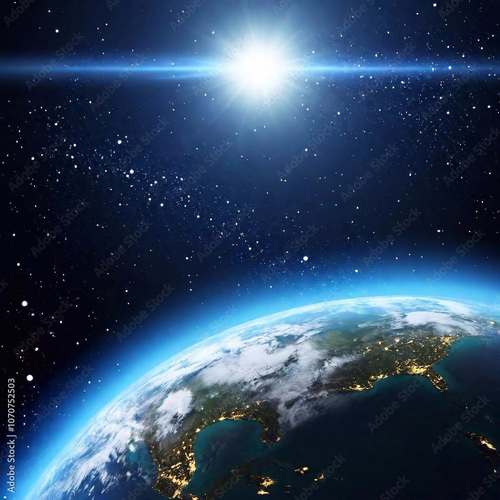 A high-resolution digital artwork of Earth viewed from space with the Sun rising behind the horizon. The planet's curvature is visible, showcasing detailed cloud formations against the deep blue ocean A high-resolution digital artwork of Earth viewed from space with the Sun rising behind the horizon. The planet's curvature is visible, showcasing detailed cloud formations against the deep blue ocean
