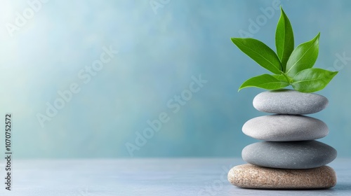 Zen stones and green leaf, embracing nature's balance, tranquility, harmony in perfect stillness