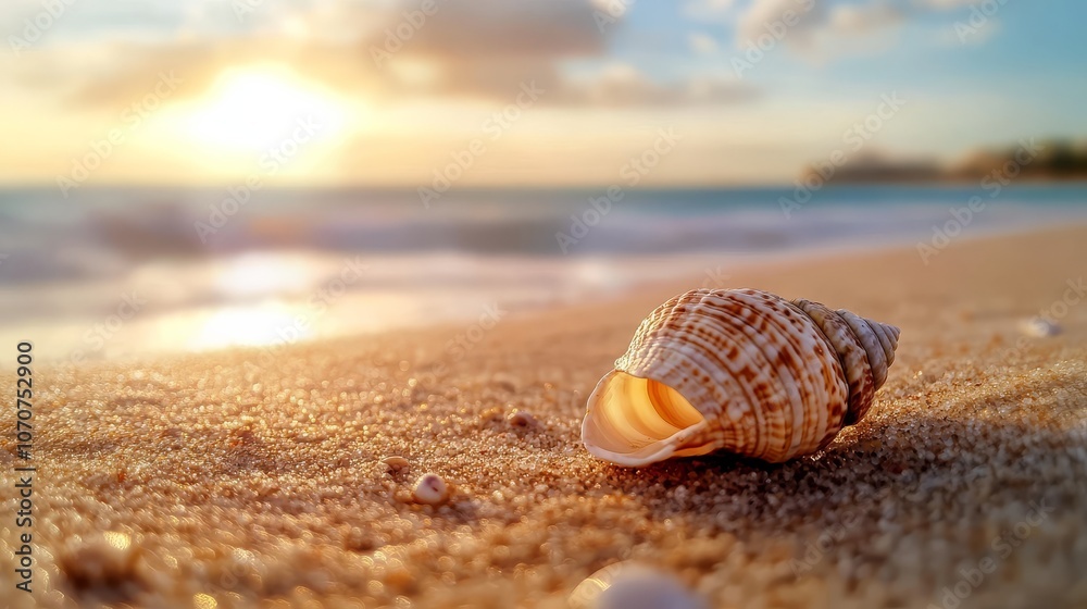 A stunning close-up view of a seashell resting on sandy beach. A stunning close-up view of a seashell resting on sandy beach.