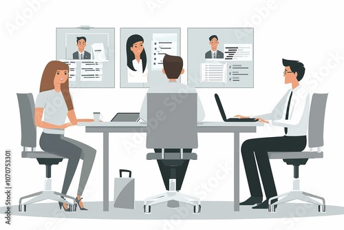 Illustration of a business meeting with HR and candidates, modern and minimalistic style