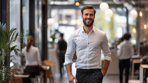 Happy businessman walking through a bustling office, interacting with employees and smiling as he oversees his successful business