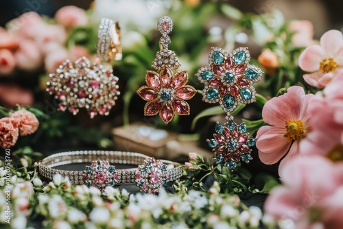 Elegant Gemstone Jewelry Display Among Blossoming Flowers photo