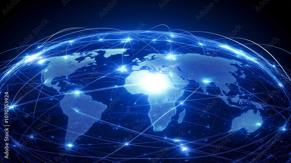 Blue 3D globe with continents and network design representing global connectivity and communication Blue 3D globe with continents and network design representing global connectivity and communication
