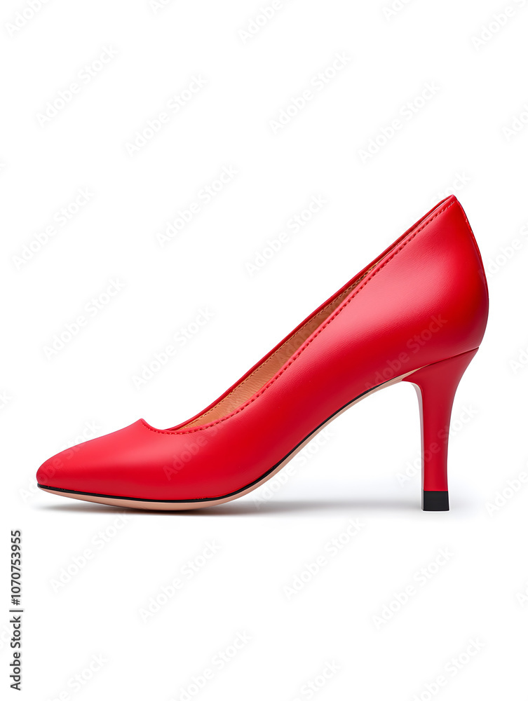 Obraz premium Side view sleek red high-heeled stiletto shoe isolated on white background 