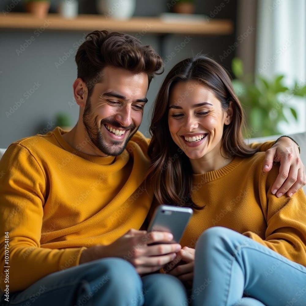 Amazing high resolution photo of student couple laughing and looking cheerfully at mobile phone sitting on sofa at home. State of mind Amazing high resolution photo of student couple laughing and looking cheerfully at mobile phone sitting on sofa at home. State of mind