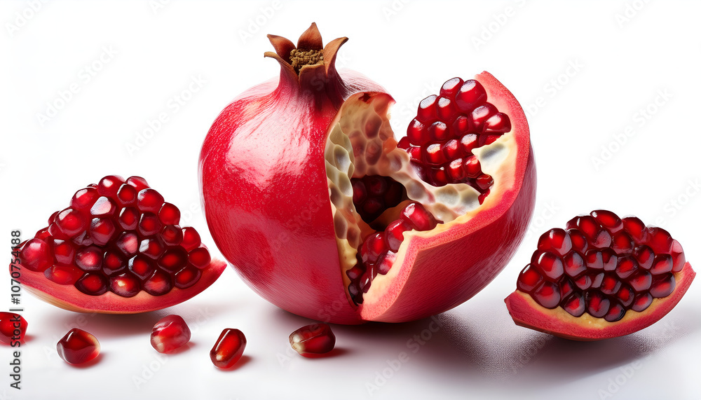 Ripe whole pomegranate with open sections revealing vibrant red seeds on a clean white background, symbolizing freshness and health. Perfect for illustrating nutritious and delicious food concepts Ripe whole pomegranate with open sections revealing vibrant red seeds on a clean white background, symbolizing freshness and health. Perfect for illustrating nutritious and delicious food concepts