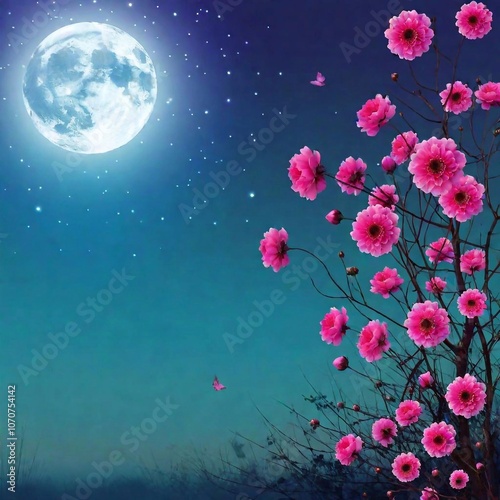 A high-resolution digital artwork of an enchanting night scene features a full moon glowing brilliantly behind a tree with vibrant pink blossoms and delicate branches. Butterflies flutter near the flo