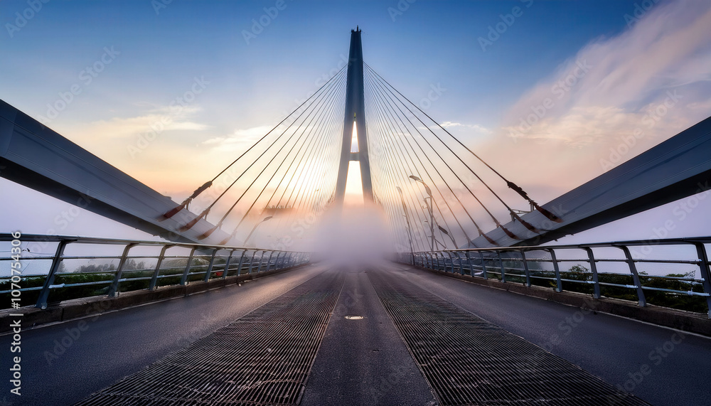 Obraz premium A stunningly modern bridge connecting two cities, surrounded by fog in the morning, creating a dramatic and atmospheric view.