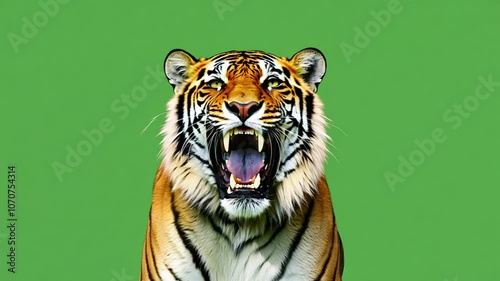 Fierce tiger roaring in wild against vibrant green background, this big cat embodies essence of nature and wildlife as powerful predator with striking striped features.