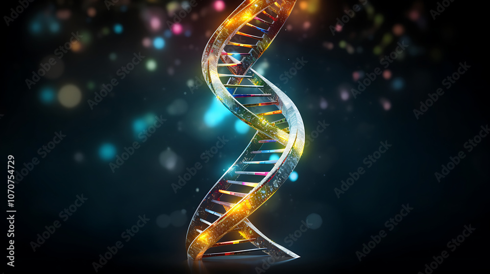 Obraz premium Futuristic Digital DNA Double Helix with Glowing Neon Strands on Dark Background