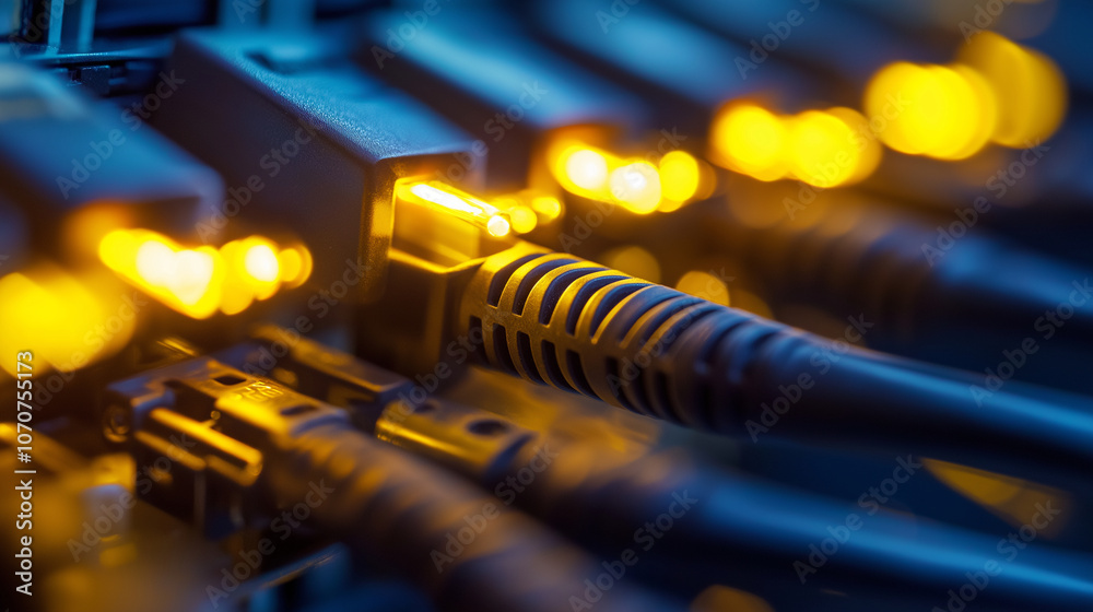 Close-up of old fiber optic cables and metal circuit board with spots and electrical equipment. Close-up of old fiber optic cables and metal circuit board with spots and electrical equipment.