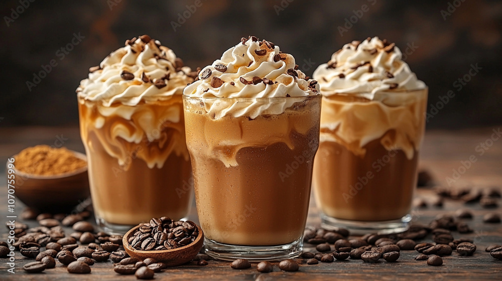 Indulge in delightful trio of iced coffee drinks topped with whipped cream and chocolate sprinkles, perfect for coffee lovers