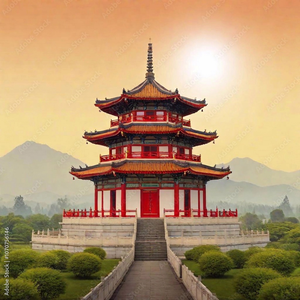 Chinese pagoda, set against a serene landscape, where shallow focus emphasizes the intricate structure of the pagoda, while the distant mountains and sky fade gently out of focus, poster card Chinese pagoda, set against a serene landscape, where shallow focus emphasizes the intricate structure of the pagoda, while the distant mountains and sky fade gently out of focus, poster card