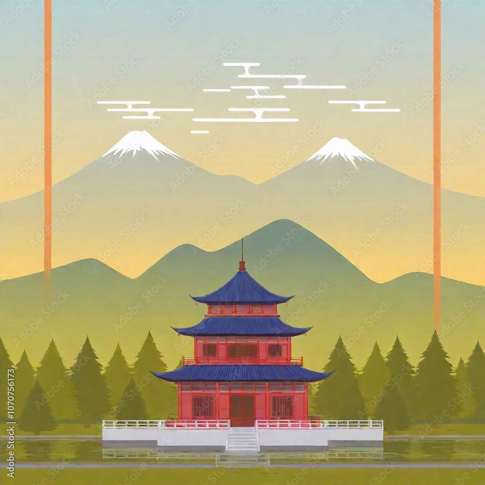 Fototapeta premium Chinese pagoda, against a serene landscape, shallow focus emphasizes the intricate structure of the pagoda, while the distant mountains and sky fade gently out of focus, poster card illustration