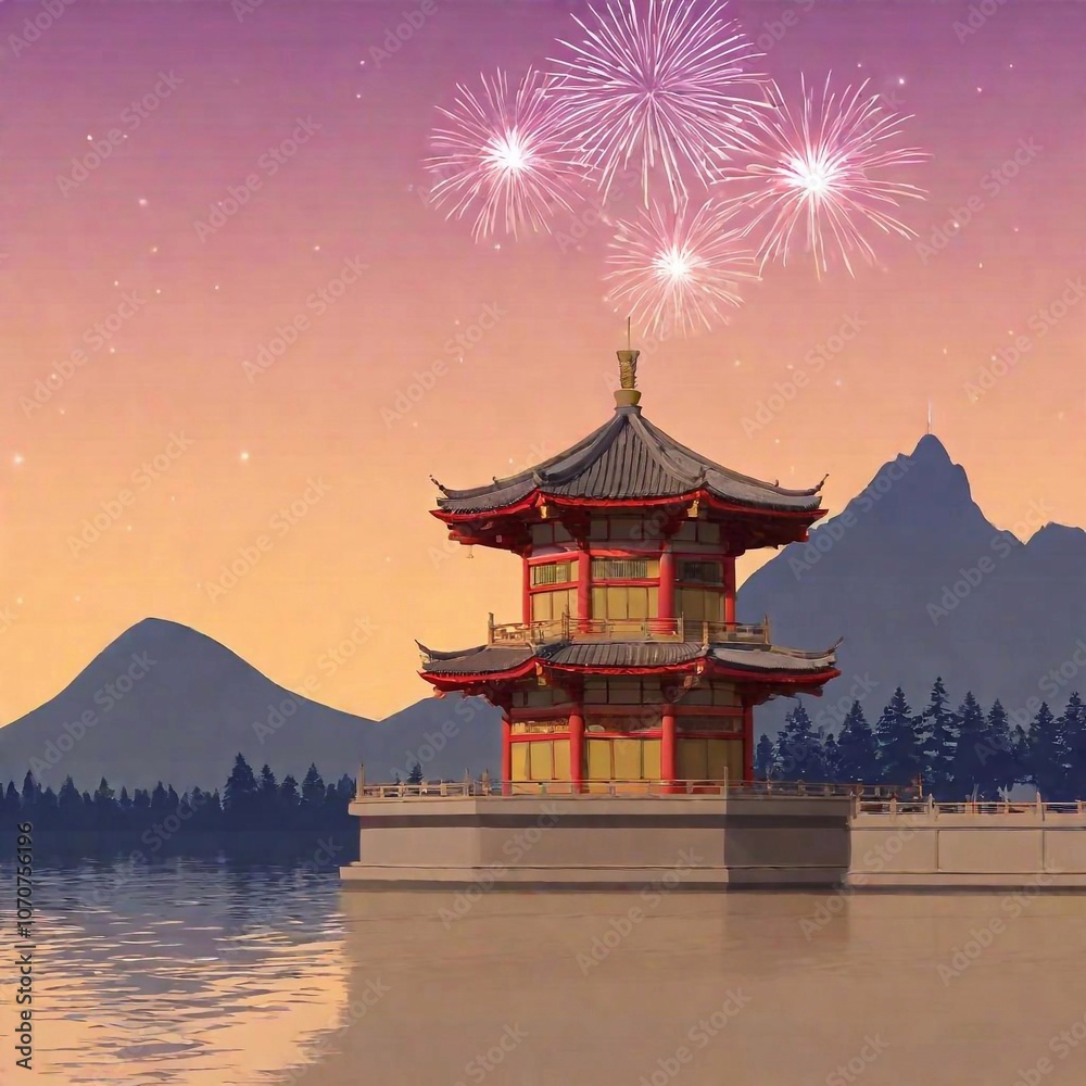 Obraz premium Chinese pagoda, set against a serene landscape, distant mountains and sky fade gently out of focus, poster card with fireworks