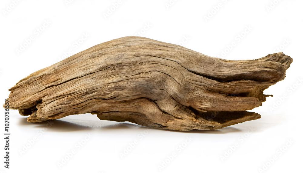 A single piece of natural driftwood isolated on a white background. Perfect for home decor or art projects. The weathered texture adds a rustic and organic touch A single piece of natural driftwood isolated on a white background. Perfect for home decor or art projects. The weathered texture adds a rustic and organic touch