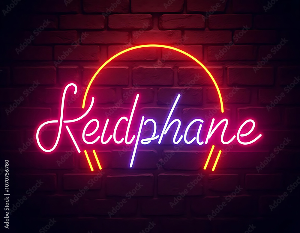 Headphone Icon neon sign on brick wall background. Headphone Icon neon sign on brick wall background.