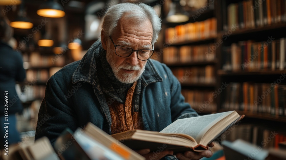 A senior man is deeply engaged in reading a book inside a warm and inviting library. He enjoys the solitude among the shelves lined with various books. A senior man is deeply engaged in reading a book inside a warm and inviting library. He enjoys the solitude among the shelves lined with various books.