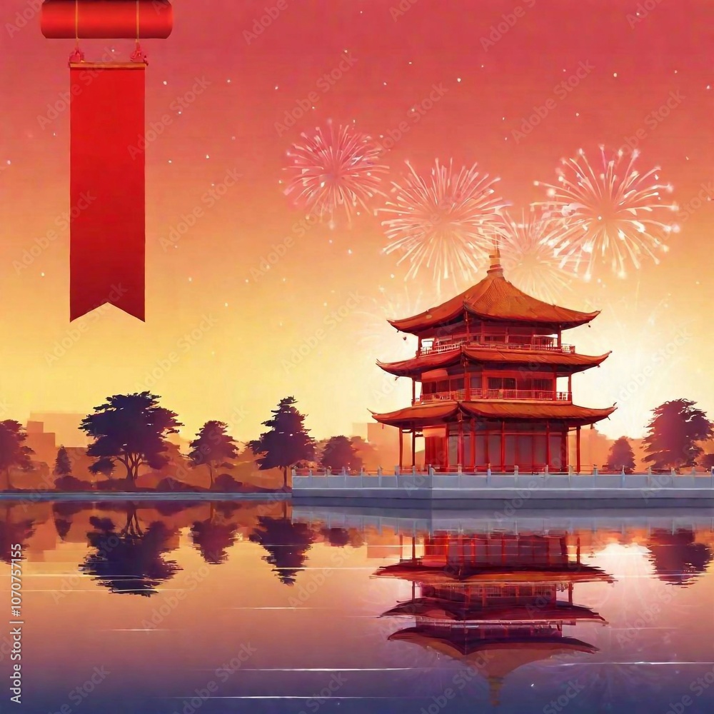 retro shot of a traditional Chinese pagoda with fireworks. pond water with fireworks bokeh reflection. drawn red banner ribbon for copy space, graphic drawn illustration retro shot of a traditional Chinese pagoda with fireworks. pond water with fireworks bokeh reflection. drawn red banner ribbon for copy space, graphic drawn illustration
