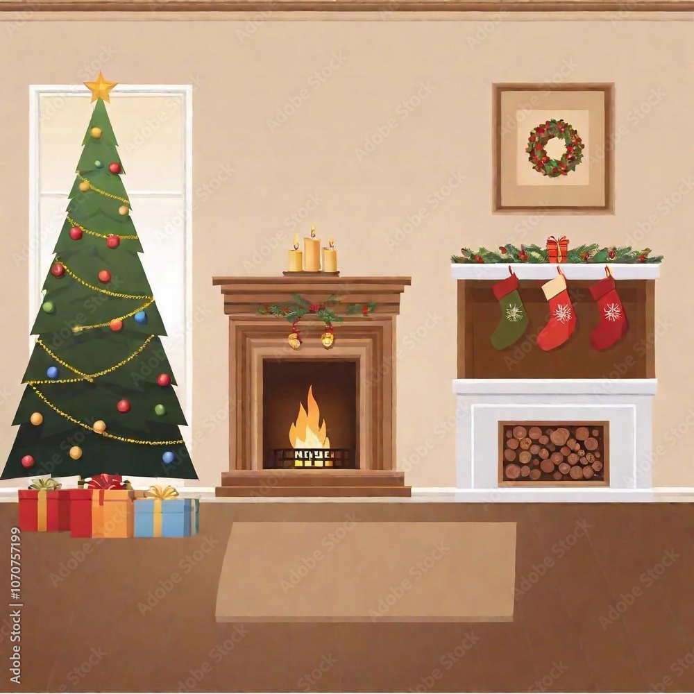 Cozy living room with Christmas tree, decorated with ornaments like baubles, ribbons, and garlands