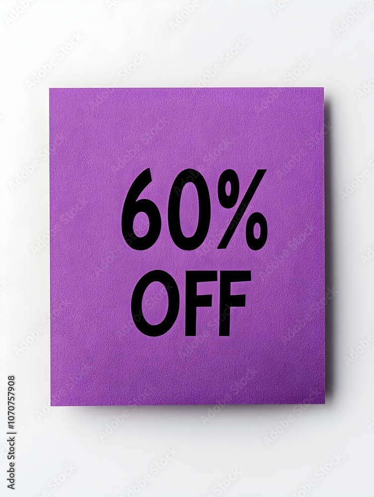 Black '60% OFF' Text on a Dark Purple Square Paper Note. White Background Black '60% OFF' Text on a Dark Purple Square Paper Note. White Background