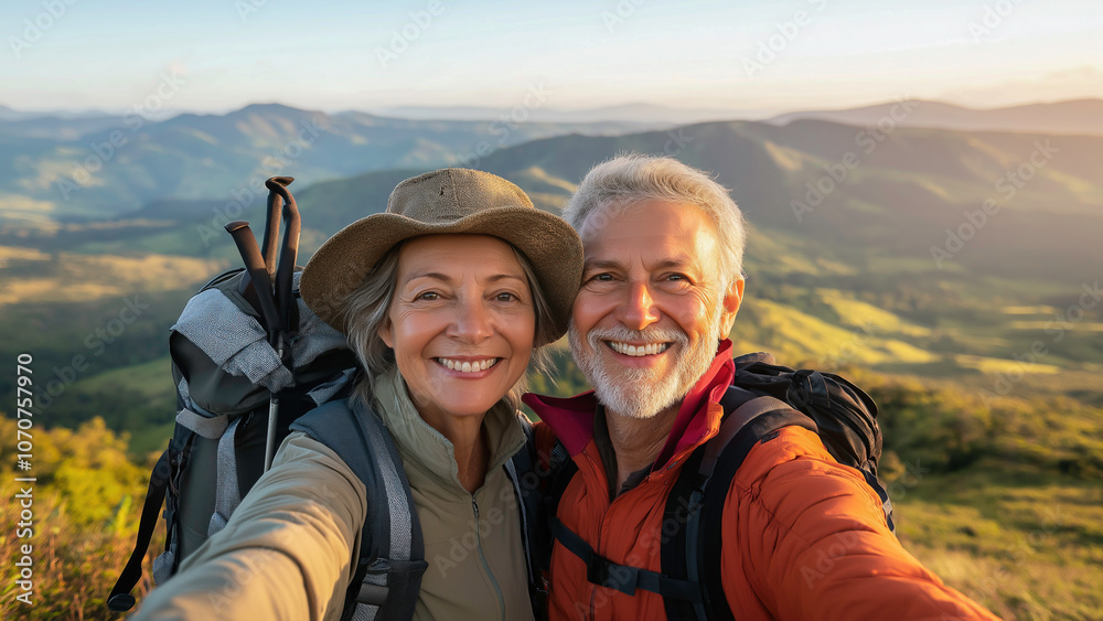 Smiling senior hiking together in the mountains and taking a selfie at the summit of a mountain, senior travel with outdoor experiences and the joys of exploring new places. Smiling senior hiking together in the mountains and taking a selfie at the summit of a mountain, senior travel with outdoor experiences and the joys of exploring new places.