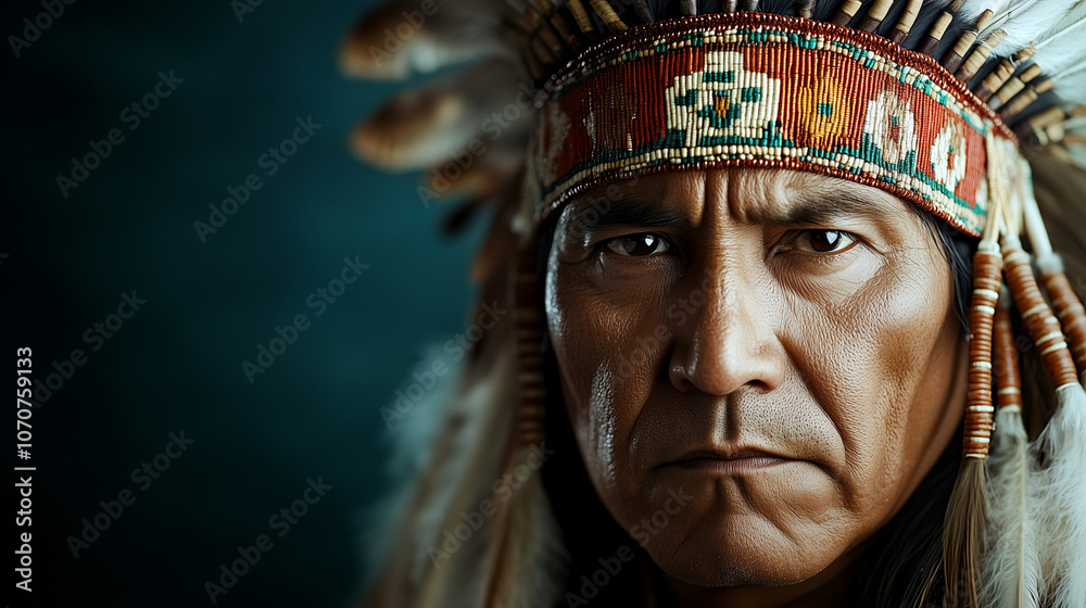 Indian Chief Portrait with Feather Headdress in Dramatic Lighting Indian Chief Portrait with Feather Headdress in Dramatic Lighting
