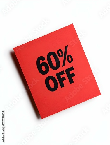 Black '60% OFF' Text on a Dark Red Square Paper Note. White Background 