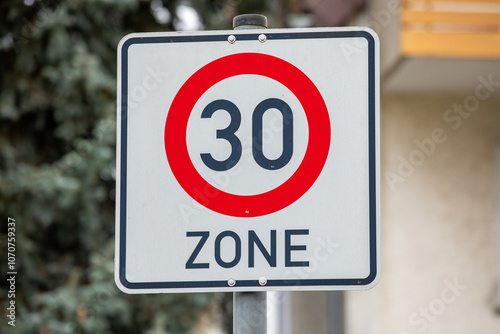 German Traffic Sign Indicating 30 km/h Speed Limit Zone for Road Safety and Regulation