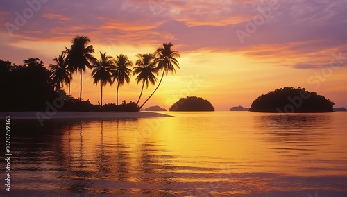 A serene sunset casts warm hues over an island, accented by silhouetted palm trees reflecting on calm waters