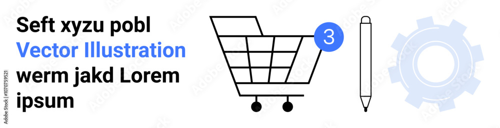 Shopping cart with three items, pen, gear icon, stylized text. Ideal for e-commerce, shopping, productivity, tools, design, engineering, and digital art concepts. Landing page Shopping cart with three items, pen, gear icon, stylized text. Ideal for e-commerce, shopping, productivity, tools, design, engineering, and digital art concepts. Landing page