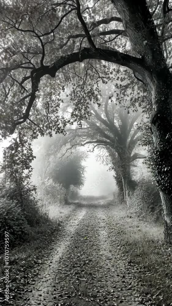 A foggy path winds through a forest, with tall trees lining the way A foggy path winds through a forest, with tall trees lining the way
