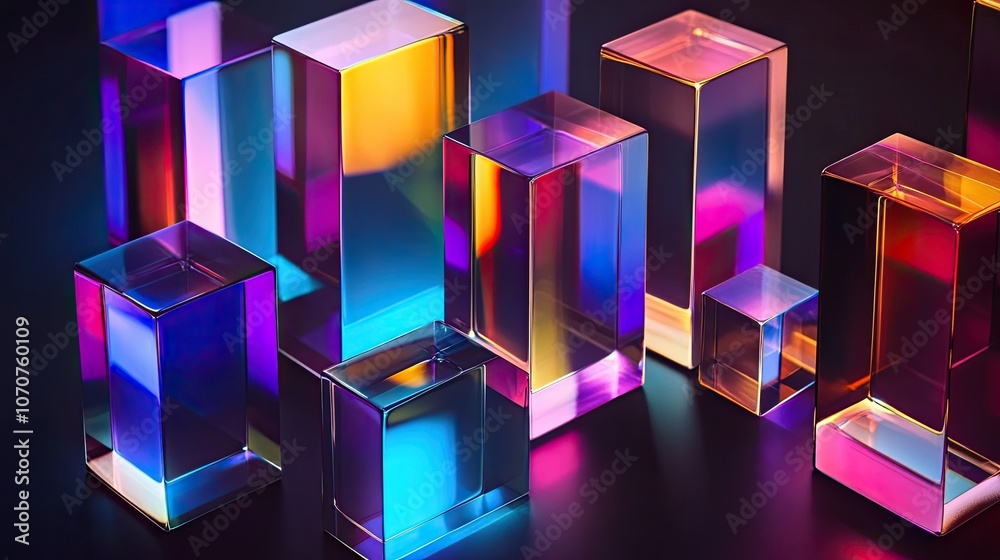 Abstract 3D glass prisms with holographic colors, black and dark blue gradient background, creating a sense of depth. Abstract 3D glass prisms with holographic colors, black and dark blue gradient background, creating a sense of depth.
