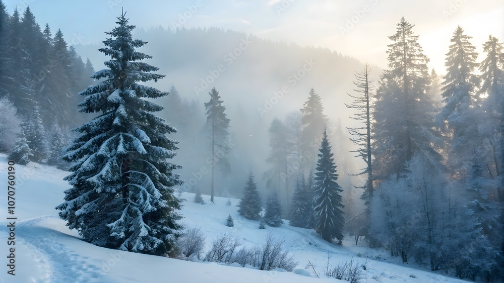 Winter Forest with Snow-Covered Trees and Fog, Creating Serene Atmosphere , Serene Winter Forest with Snow-Covered Trees and Fog Winter Forest with Snow-Covered Trees and Fog, Creating Serene Atmosphere , Serene Winter Forest with Snow-Covered Trees and Fog