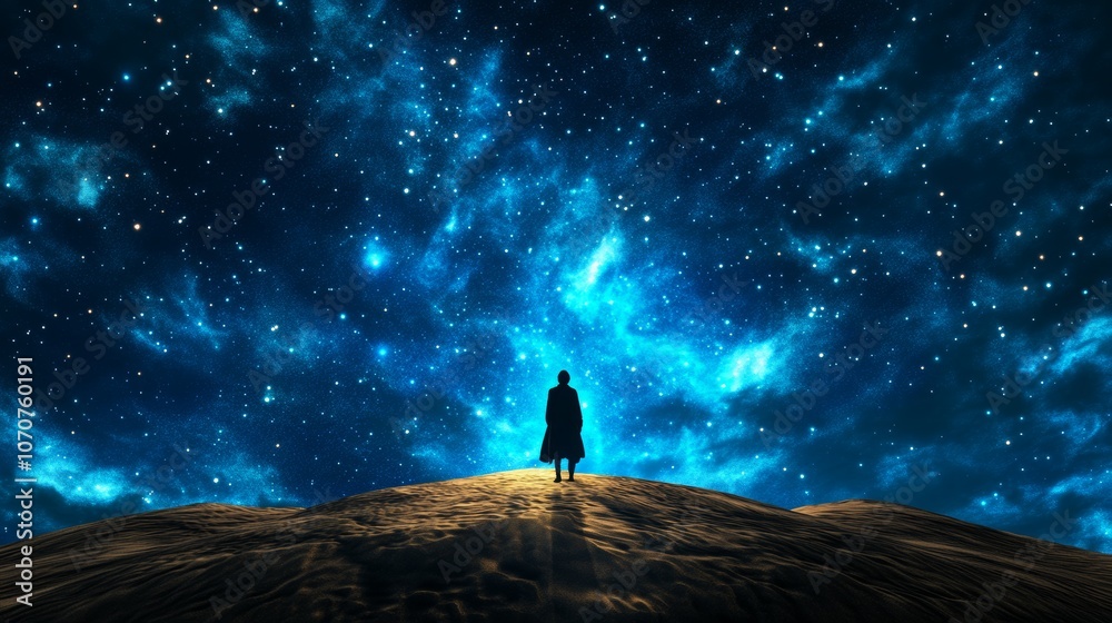 Fototapeta premium Solitary Figure Under a Starry Night Sky Desert Landscape