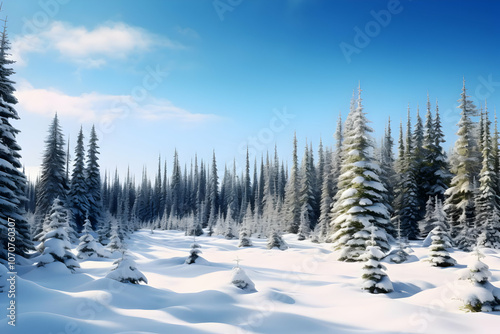 A serene winter landscape with snow-covered trees and a clear blue sky.