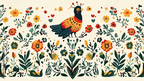 Vibrant floral and bird design showcasing intricate patterns in warm colors, perfect for decor