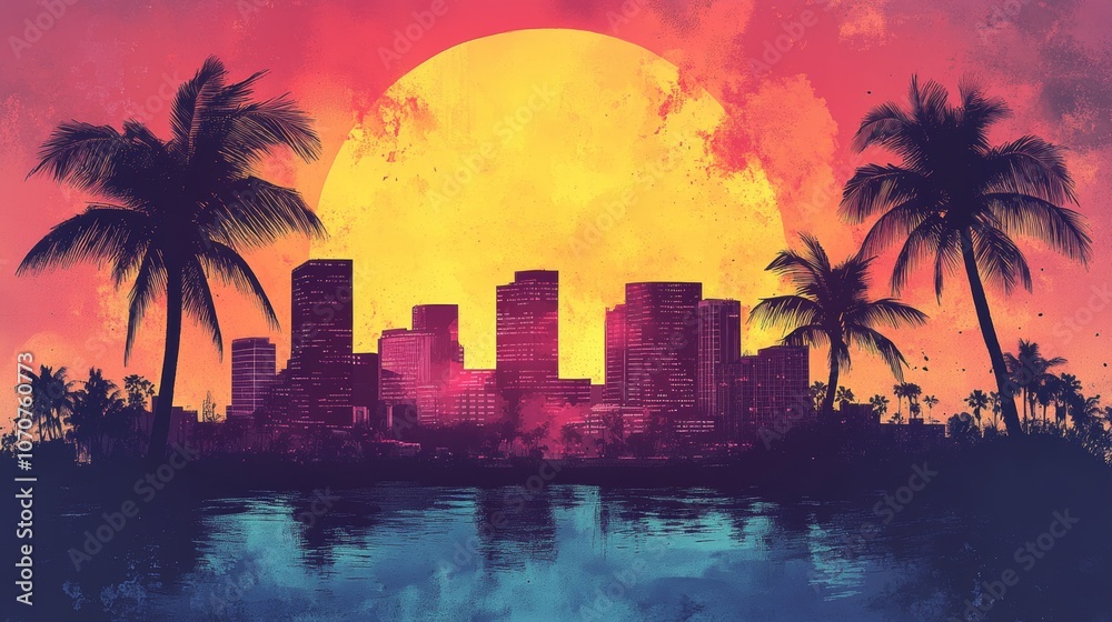 Fototapeta premium Tropical Cityscape Sunset Palm Trees Skyline Ocean