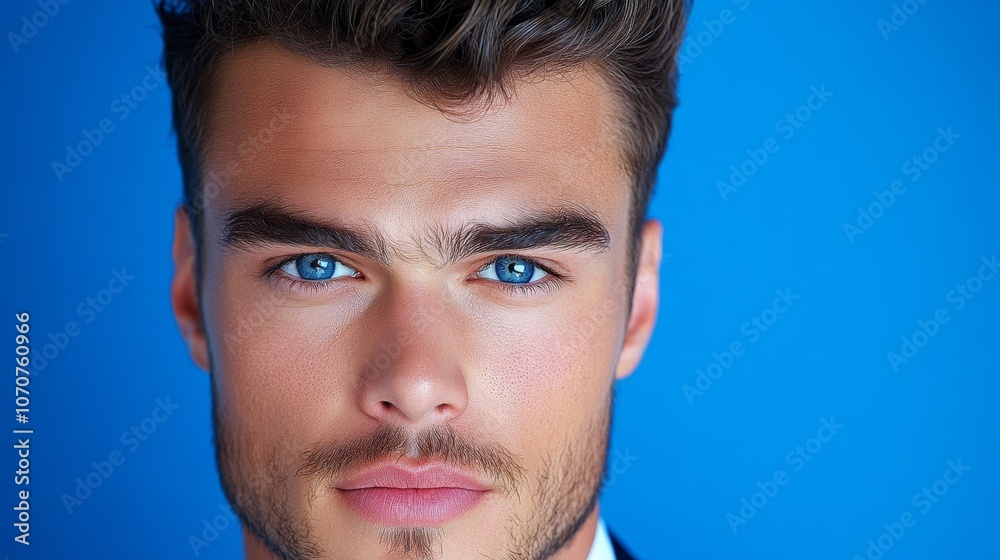 Obraz premium Handsome Man Portrait Blue Eyes Close Up Serious Expression Studio Shot