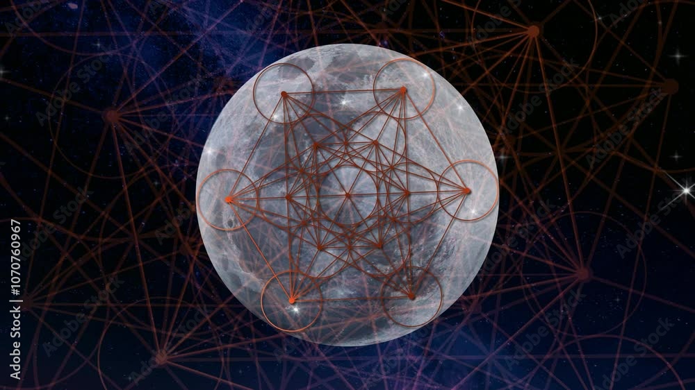 Video animation Metatron's Cube and big moon, Flower of Life. Sacred geometry. Loop footage of Mystic icon geometric drawing, crop circles, special effects starry sky, blue galaxy wireframe background